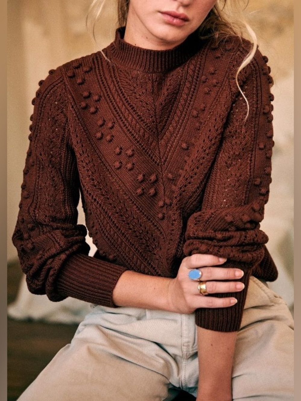 Sezane Solal Textured Crewneck Jumper Sweater in Rust Brown size S
